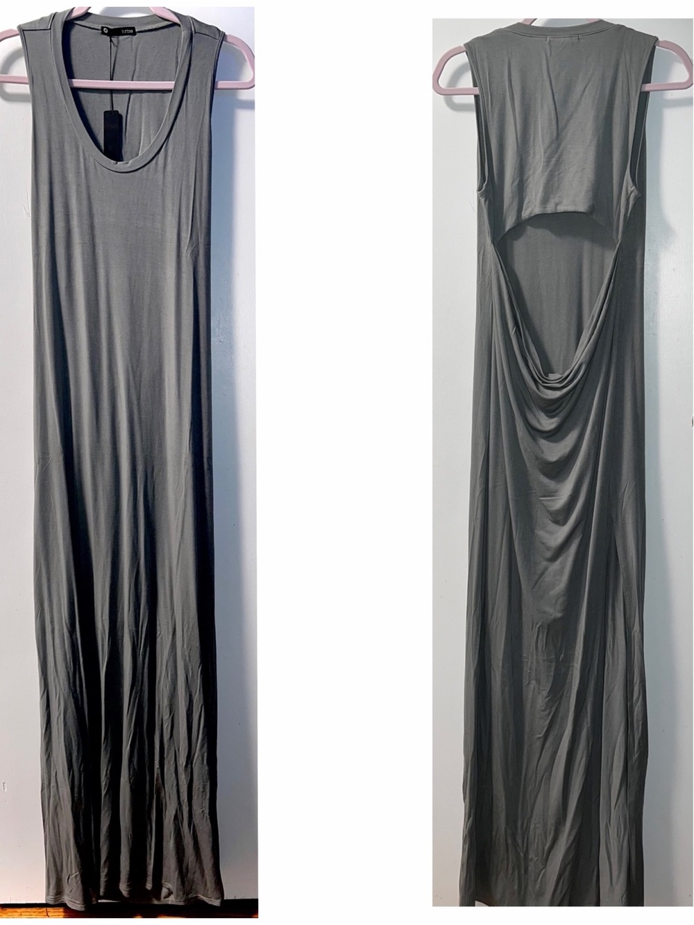 Krisa Grey Scoop Neck Drape Back Maxi Dress.